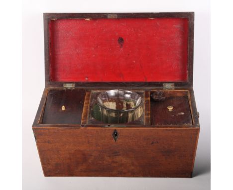 A 19th Century mahogany rectangular two-compartment tea caddy with central mixing bowl holder, 12" long