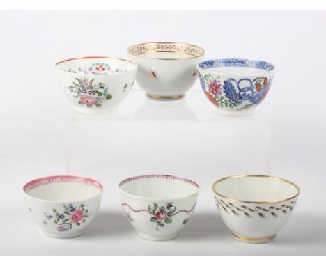 Six early New Hall tea bowls, patterns 3, 288, 312, 338, 430 and 272