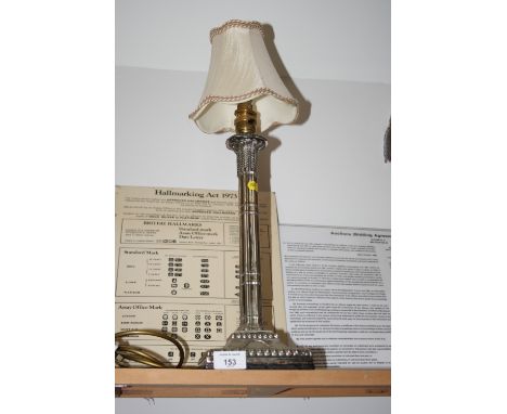 A silver plated Corinthian cluster column candlestick, fitted as a table lamp on square base, 13" high