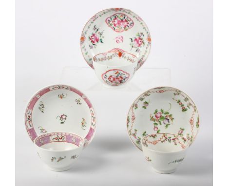 A New Hall tea bowl and saucer, pattern 195, a companion tea bowl and saucer, pattern 311, and another tea bowl and saucer, p