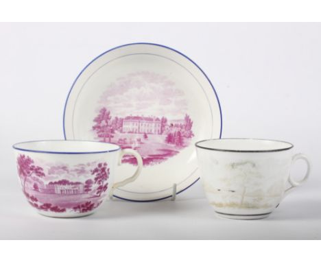 A New Hall puce bat printed tea cup and saucer and a similar tea cup