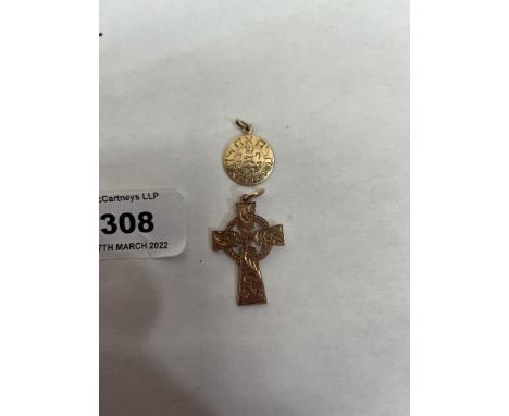 A 9ct Celtic cross and a medallion marked 585. 8g