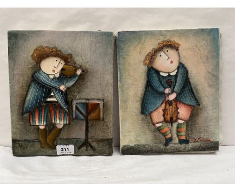 EUROPEAN SCHOOL. 20TH CENTURY Musicians. A pair. Oil on canvas 11' x 9'. Unframed. Signed K. Roybal