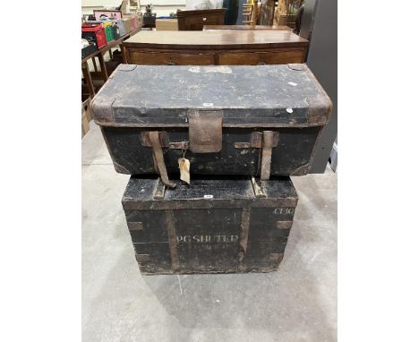 A zinc lined pine chest. 30½' wide together with a vintage canvas trunk