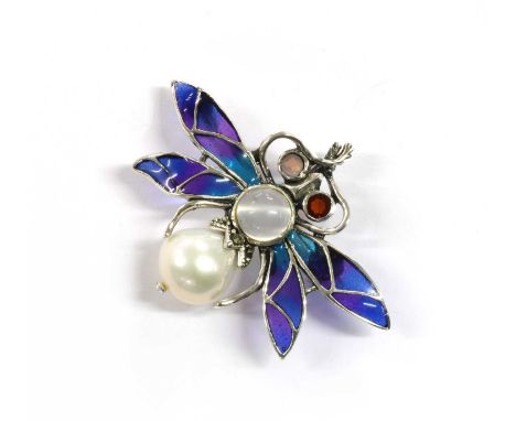 A silver plique-à-jour enamel and assorted gemstone bee brooch/pendant, a cultured freshwater pearl abdomen, with a bell cap 