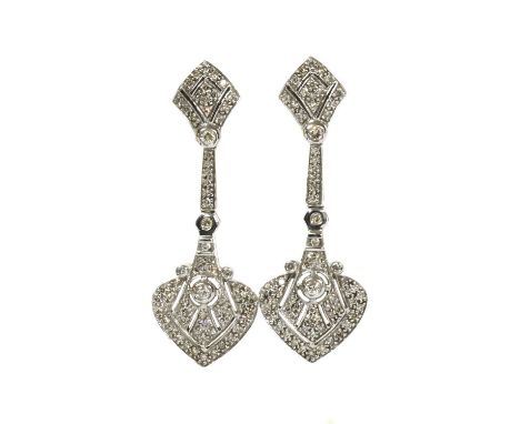 A pair of Art Deco-style 9ct white gold diamond drop earrings, a pierced heart shaped plaque to the bottom, grain set with ei