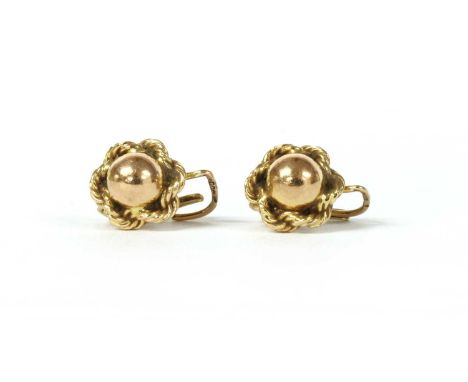 A pair of Continental gold earrings, of hollow hemisphere form with a rope edge, to Continental fittings, tested as approxima