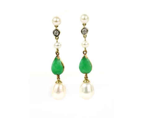 A pair of gold cultured freshwater pearl, jade and diamond drop earrings, a cultured freshwater pearl, peg set, surmounted by