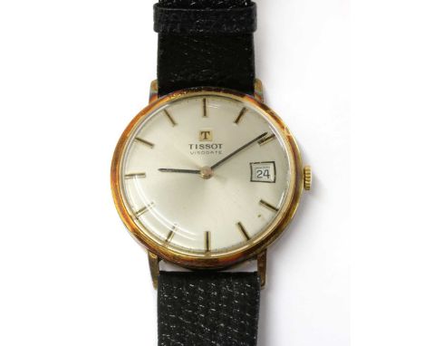 A gentlemen's gold-plated Tissot 'Visodate' mechanical strap watch, 34mm diameter, with a silvered dial, baton hour markers, 