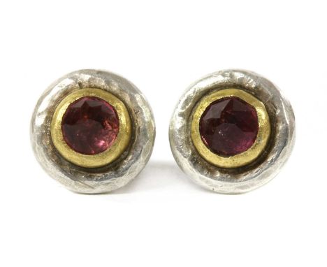 A pair of silver and gold, pink tourmaline earrings, by Poppy Dandiya, with a rose cut pink tourmaline, rub set in gold, to p
