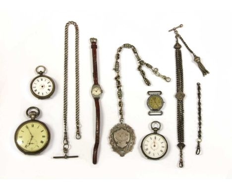 A sterling silver top wind open-faced pocket watch, 53mm diameter with a white enamel dial, black Roman numerals and subsidia