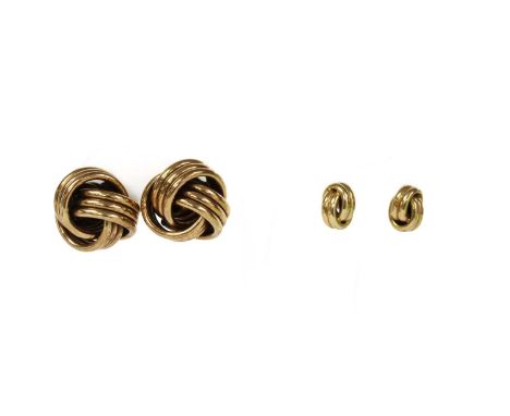 A pair of large 9ct gold knot earrings, with post and butterfly fittings, one later replacement metal butterfly fitting, Shef