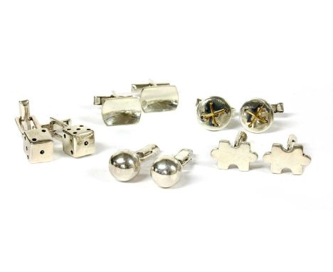 Five pairs of silver cufflinks, to include a pair in the form of dice, a pair in the form of polished spheres, a pair in the 