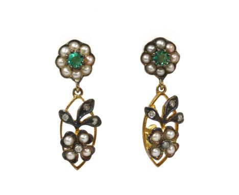 A pair of silver and gold, emerald, split pearl and diamond drop earrings, each with a circular mixed cut emerald and split p