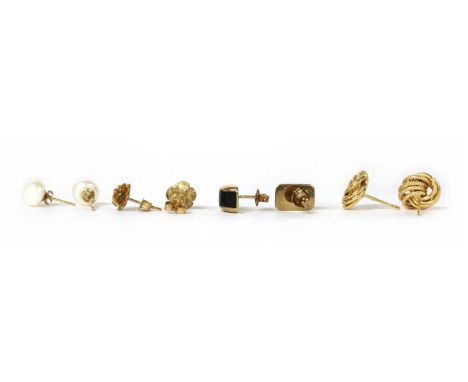 Four pairs of gold earrings, to include a pair of 18ct gold knot stud earrings, Sheffield, butterflies deficient, 2.16g, a pa