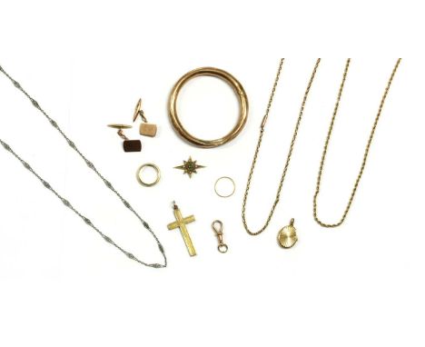 A quantity of gold jewellery, to include an emerald, diamond and split pearl star, possibly from a locket, tested as approxim