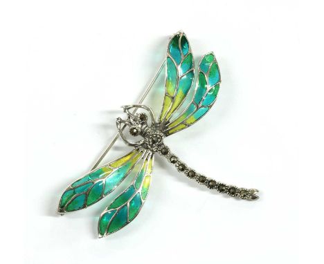 A silver plique-à-jour enamel and marcasite set dragonfly brooch/pendant, the body set with rose cut marcasites, to green, bl