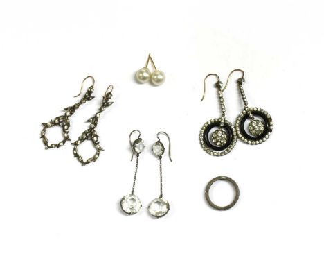 A quantity of jewellery, to include a pair of silver foliate paste set drop earrings, with gold hook fittings tested as appro