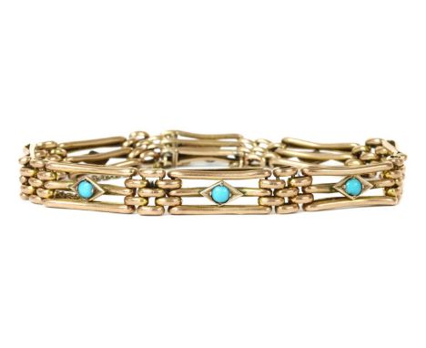 An Edwardian gold turquoise set gate bracelet, three rows of links, with an oval cabochon turquoise grain set to a lozenge co