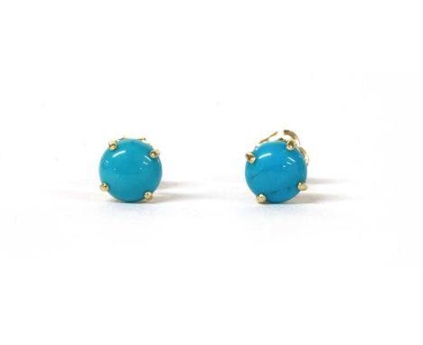 A pair of gold single stone turquoise stud earrings, with a round cabochon turquoise, possibly reconstituted, approximately 5