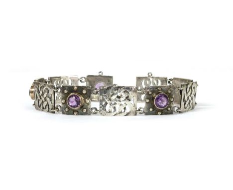 An Arts &amp; Crafts silver amethyst set bracelet by Murrle Bennett &amp; Co., c.1910, with alternate rectangular planished o