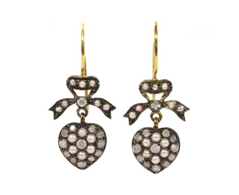 A pair of silver and gold, diamond and split pearl drop earrings, a heart motif grain set with brilliant cut diamonds and spl