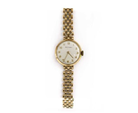 A ladies' 9ct gold Rotary mechanical bracelet watch, 22mm diameter with a silvered dial and Arabic numerals, to integral pant
