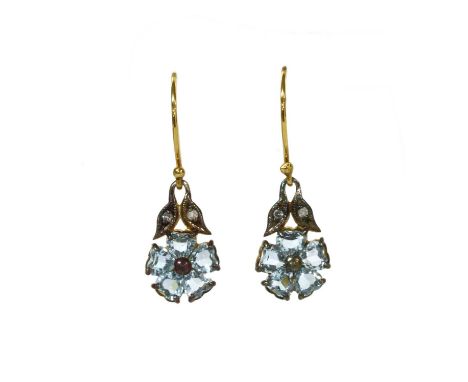 A pair of silver and gold, blue topaz and diamond drop earrings, a cluster of heart mixed cut blue topaz, surmounted with a p