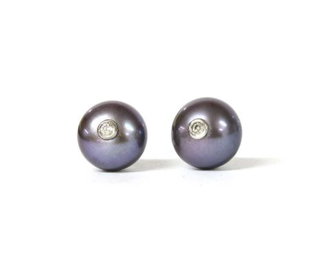 A pair of white gold cultured freshwater pearl and diamond earrings, a dyed grey cultured freshwater pearl, with a brilliant 