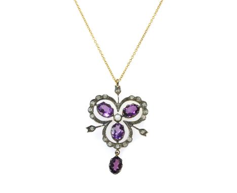 A silver amethyst, split pearl and diamond pendant, a central split pearl to trefoil of oval mixed cut amethysts, with openwo