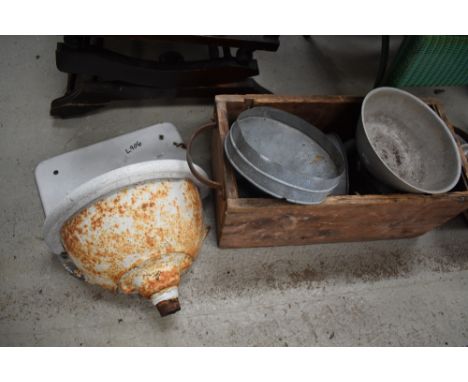 A collection of vintage metal ware to include cast enamel coated wall sink with splash back, bowl, sieve, measure etc, also a