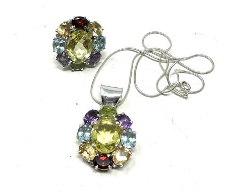 .925 Gemstone Set Necklace And Ring Set (35g) 