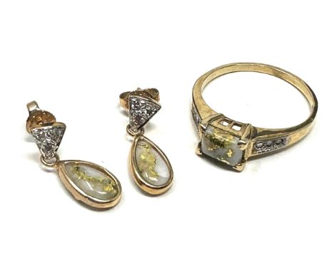 9ct gold diamond and gold vein quartz earring &amp; ring set (4.7g) 