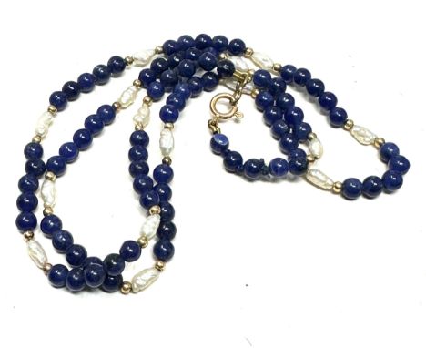 9ct gold clasp rice pearl &amp; blue gemstone necklace with gold spacers (7.7g) 