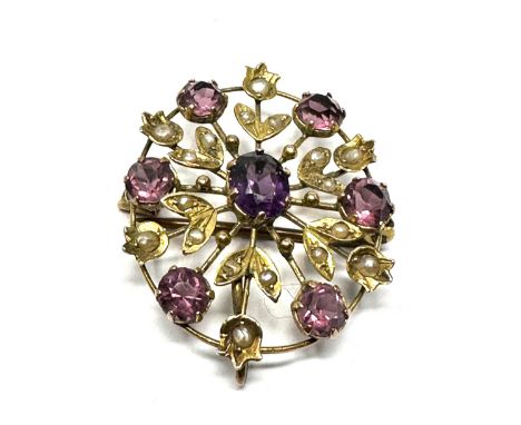Antique 9ct  gold amethyst paste &amp; seed pearl brooch (3.2g) 