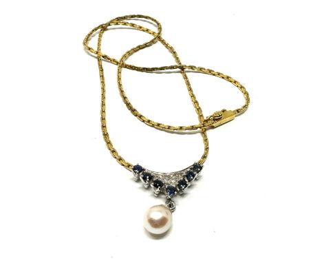 9ct yellow gold vintage diamond, sapphire &amp; pearl necklace (6.3g) 