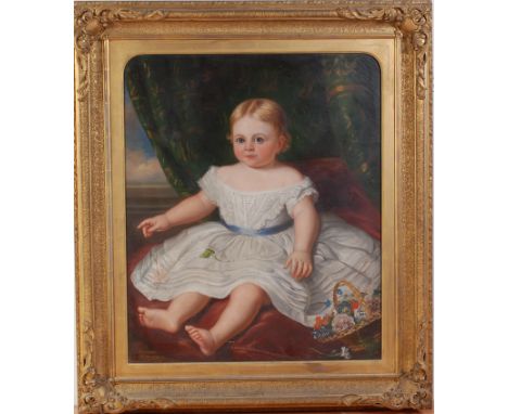 W R Waters - Portrait of a seated child upon a cushion wearing a lace gown, oil on canvas, signed and dated lower left 1864, 