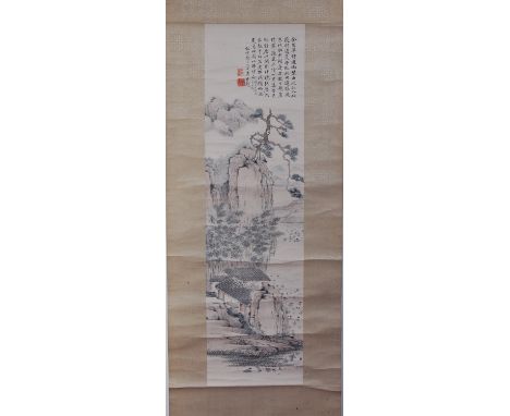 A circa 1900 Chinese scroll painting on silk, depicting a landscape and calligraphy to upper right, image 95 x 26cm, full sil