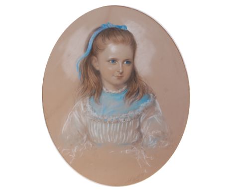 Alexander Blackley - Half-length portrait of a young girl, wearing a blue ribbon in her hair, pencil and pastel, signed and d