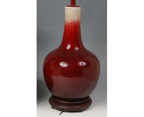 A 19th century Chinese flambé glazed stoneware bottle vase, converted into table lamp and drilled to base, h.35cm (excluding 