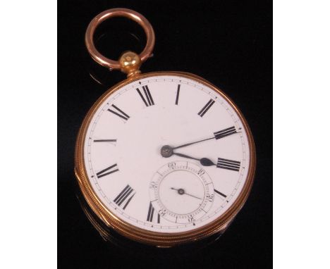 A late Victorian 18ct gold cased gents open faced pocket watch by Thomas Pattrick of Wisbech, having white enamel dial with s