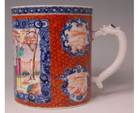 A 19th century Chinese export tankard, enamel decorated with ceremonial figure scene within a landscape and underglaze blue d
