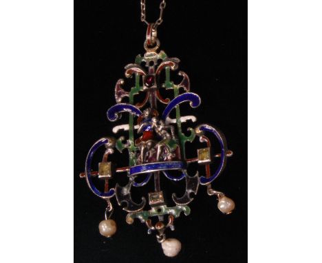 A circa 1900 Austro-Hungarian silver and enamel openwork pendant, centre set with two figures within a semi-precious set surr