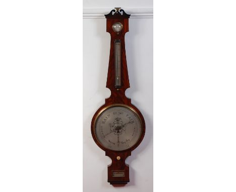 L Balerna of Halifax early 19th century mahogany four dial wheel barometer, having ebony stringing, the large main dial finel