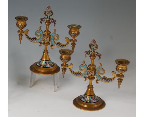 A pair of French late 19th century gilt bronze and champleve enamel candelabra, in the Turkish taste, h.20cm