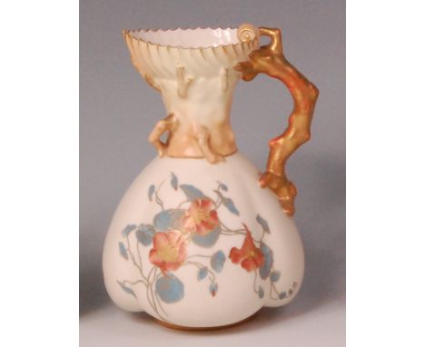 A late Victorian Royal Worcester ivory ware jug, decorated with flowers, heightened in gilt, shape No.1507, puce mark circa 1