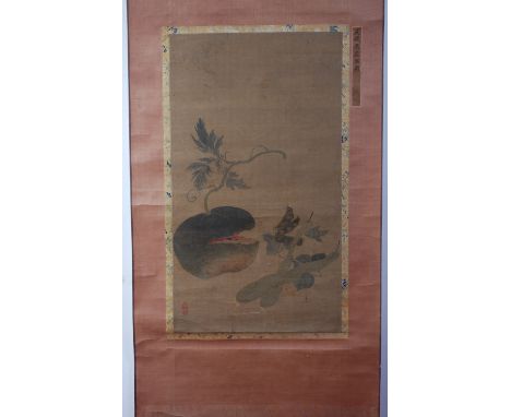 Attributed to Qian Xuan (1235-1305) - A Chinese scroll painting depicting a melon and gourds, signed in script upper right, w