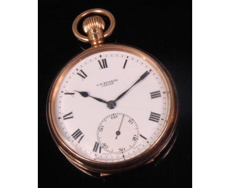 A JW Benson of London 9ct gold cased gents open faced pocket watch, the signed white enamel dial with subsidiary seconds dial