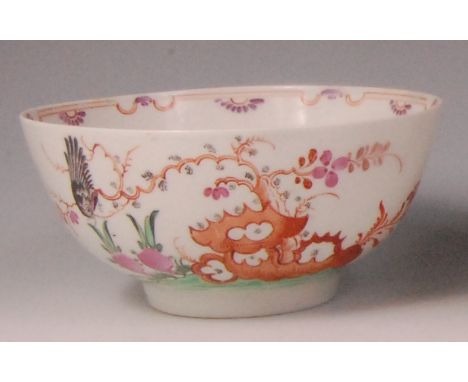 A Lowestoft porcelain footed slop bowl, circa 1780, polychrome decorated in the famille rose palette with the Blackbird patte