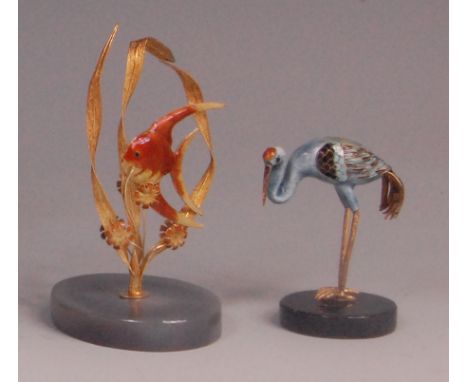 A Su Hai Chinese silver gilt and enamel sky crane, raised on polished hardstone base, h.7cm; and one other of a sun fish (bro